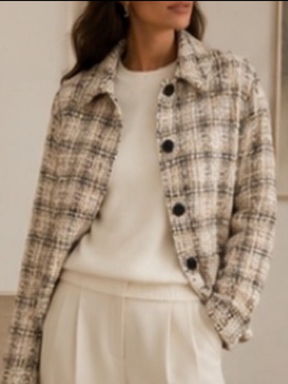 Zara Tweed Boucle Cropped Jacket Tan Plaid Excellent Size M
